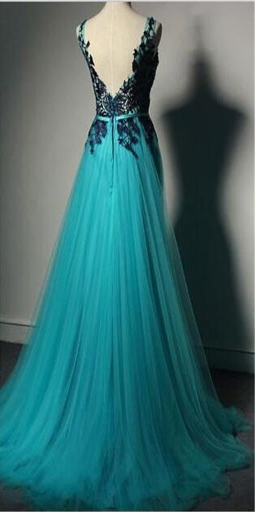 Unique Green Tulle A-line Long Formal Prom Dress-Purple Lace Applique Prom Dress
