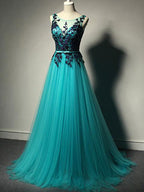 Unique Green Tulle A-line Long Formal Prom Dress-Purple Lace Applique Prom Dress