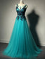 Unique Green Tulle A-line Long Formal Prom Dress-Purple Lace Applique Prom Dress