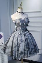 Unique Grey Floral Sweetheart Short Party Dress, Homecoming Dress