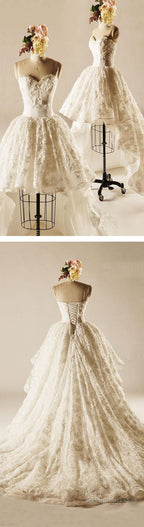 Unique Hi-Low Sweetheart Lace Wedding Dress Popular Lace Up Bridal Gowns