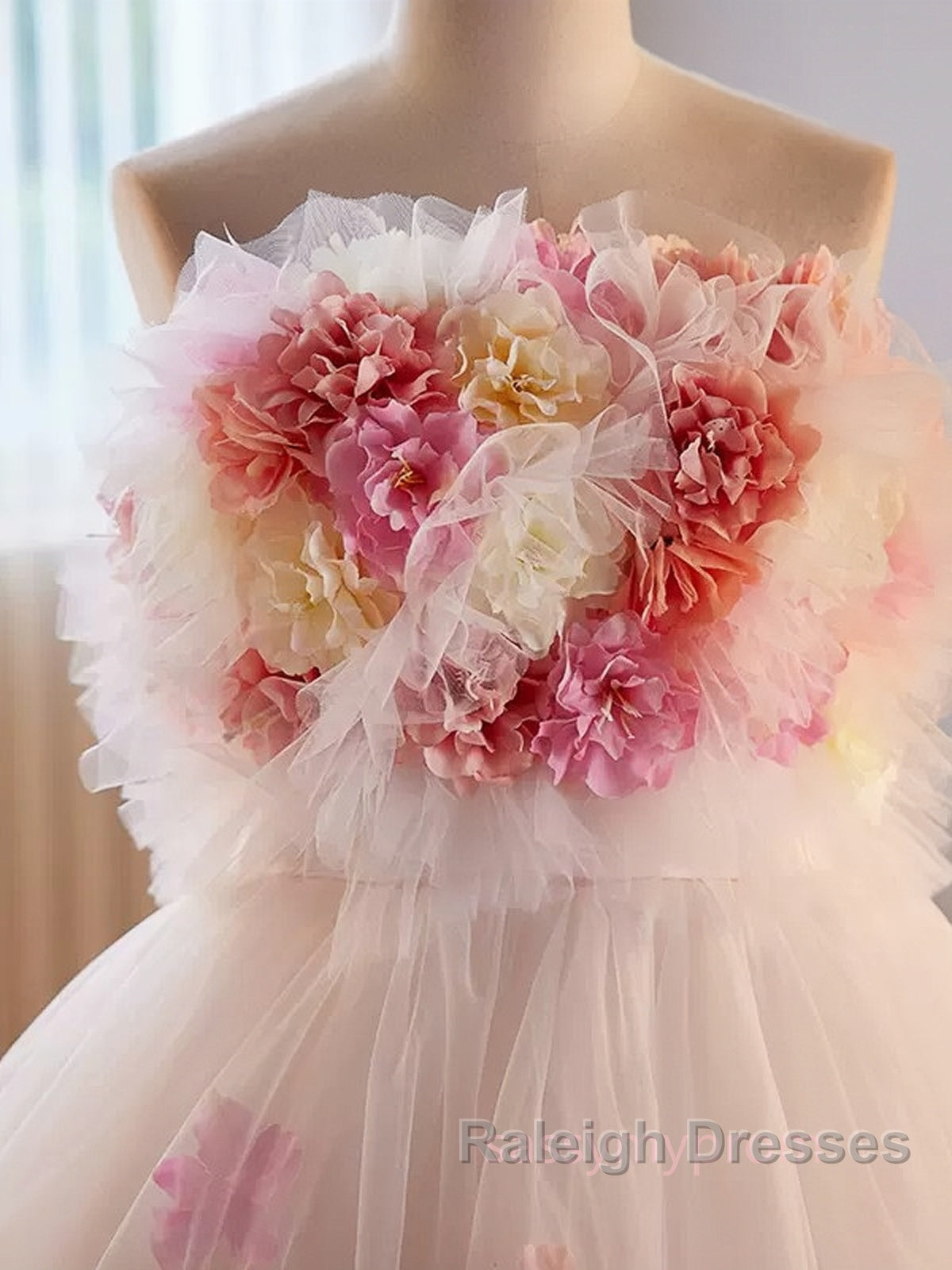 Unique High Low Flower Pink Tulle Sweetheart Prom Dresses