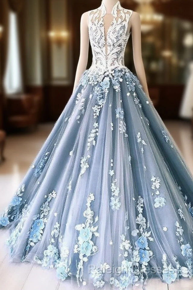 Unique High Neck Tulle Lace Long Prom Dress Blue Tulle Lace Evening Dress