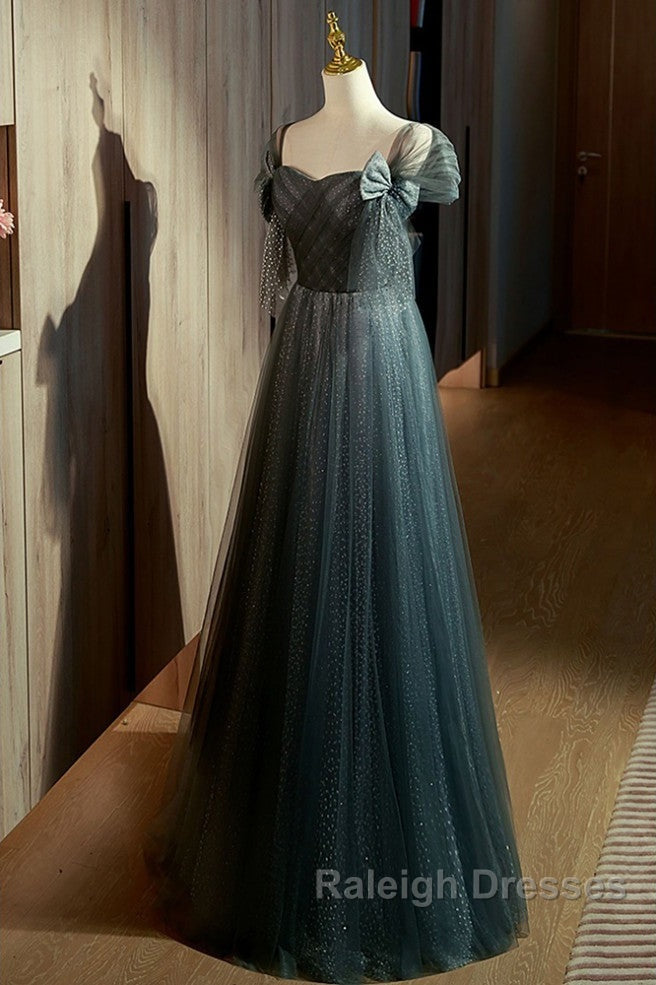 Unique Ink Blue Spotted Off Shoulder Short Sleeve Sequin Ball Dresses Ink Blue A-Line Off Back Tie Bow And Floor Length Prom Dresses Secondary image