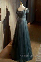 Unique Ink Blue Spotted Off Shoulder Short Sleeve Sequin Ball Dresses Ink Blue A-Line Off Back Tie Bow And Floor Length Prom Dresses