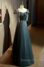 Unique Ink Blue Spotted Off Shoulder Short Sleeve Sequin Ball Dresses Ink Blue A-Line Off Back Tie Bow And Floor Length Prom Dresses
