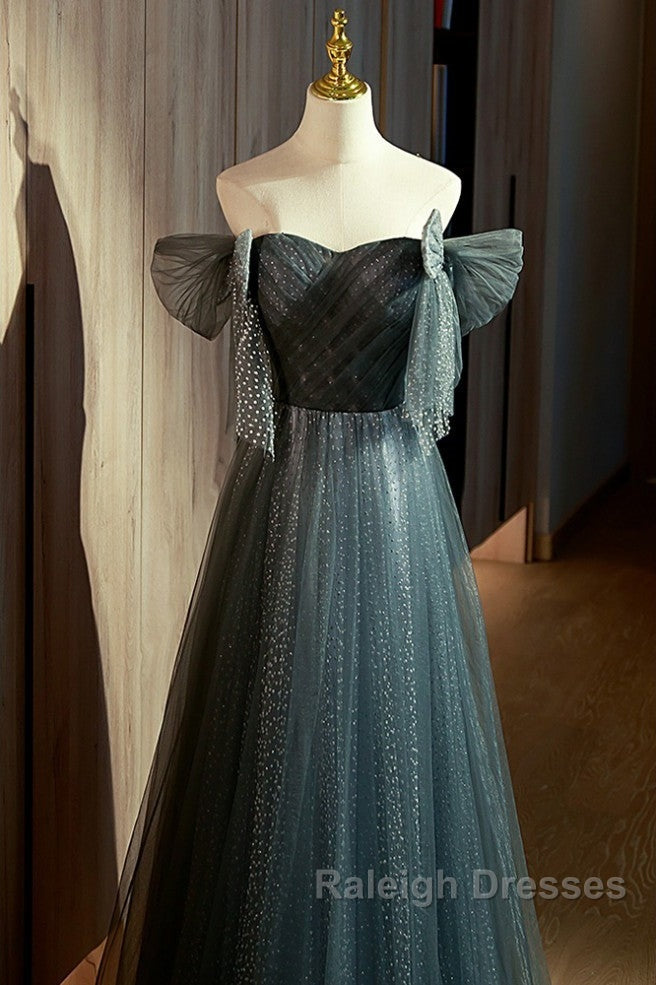 Unique Ink Blue Spotted Off Shoulder Short Sleeve Sequin Ball Dress Ink Blue A-Line Off Back Tie Bow And Floor Length Prom Dress