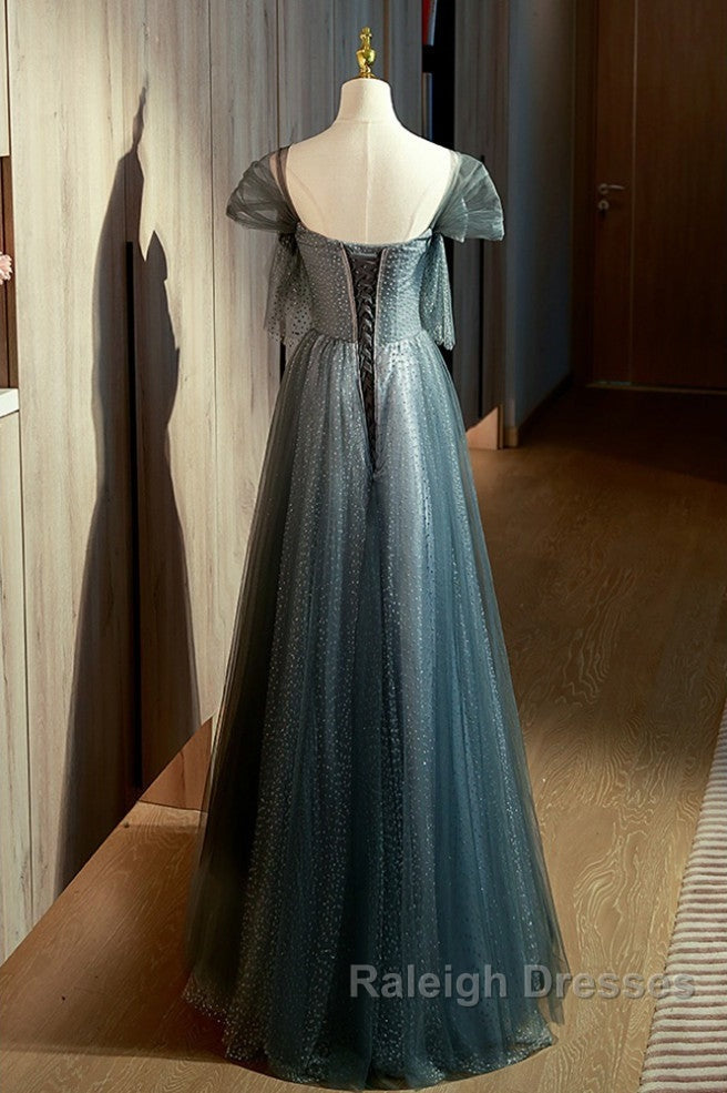 Unique Ink Blue Spotted Off Shoulder Short Sleeve Sequin Ball Dress Ink Blue A-Line Off Back Tie Bow And Floor Length Prom Dress