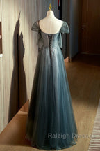 Unique Ink Blue Spotted Off Shoulder Short Sleeve Sequin Ball Dresses Ink Blue A-Line Off Back Tie Bow And Floor Length Prom Dresses
