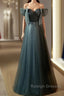 Unique Ink Blue Spotted Off Shoulder Short Sleeve Sequin Ball Dress Ink Blue A-Line Off Back Tie Bow And Floor Length Prom Dress