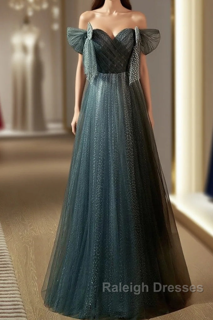 Unique Ink Blue Spotted Off Shoulder Short Sleeve Sequin Ball Dresses Ink Blue A-Line Off Back Tie Bow And Floor Length Prom Dresses