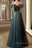 Unique Ink Blue Spotted Off Shoulder Short Sleeve Sequin Ball Dresses Ink Blue A-Line Off Back Tie Bow And Floor Length Prom Dresses