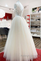 Unique Ivory Long Princess V Neck Tulle Lace Wedding Dresses