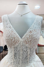 Unique Ivory Long Princess V Neck Tulle Lace Wedding Dresses