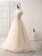 Unique  Lace Applique Tulle Long Champagne Prom Dresses Sweet 16 Dress