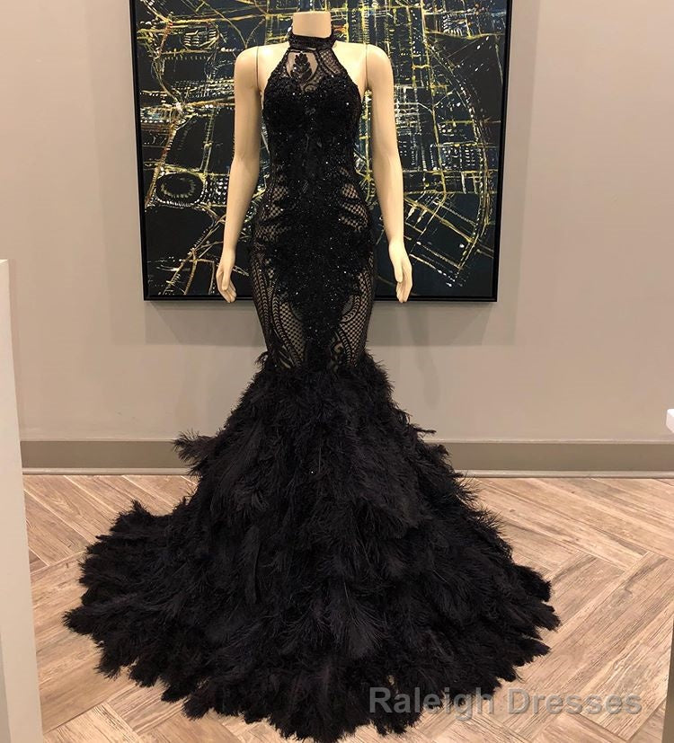 Unique Lace Appliques Halter Feather Prom Dresses Sleeveless Alluring Fit and Flare Evening Gowns Secondary image