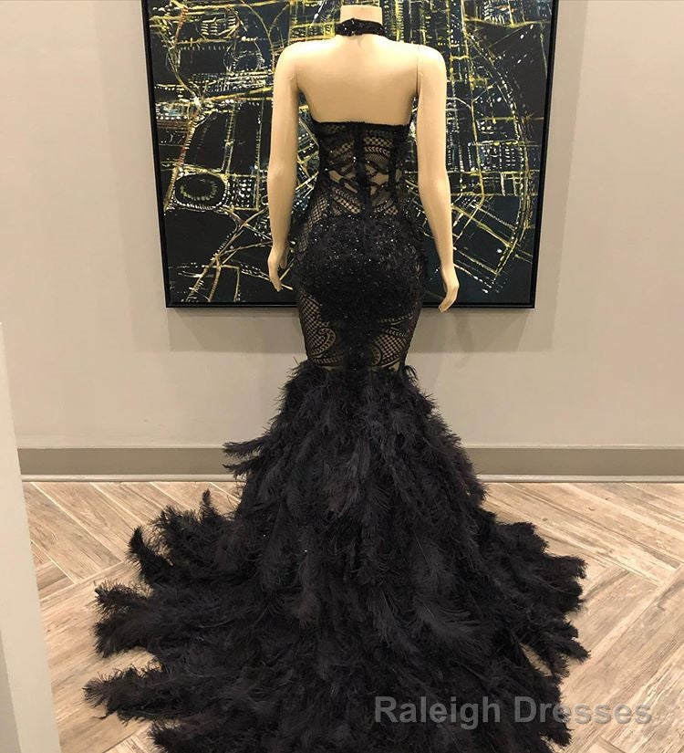 Unique Lace Appliques Halter Feather Prom Dresses Sleeveless Alluring Fit and Flare Prom Gown