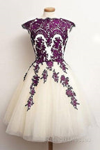 Unique Lace Tulle Short Prom Dress, Lace Bridesmaid Dress