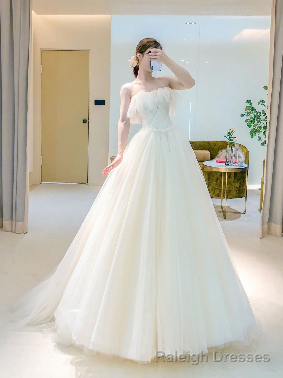 Unique Light Champagne Tulle Long Prom Dress, Tulle Formal Wedding Prom Dress