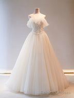 Unique Light Champagne Tulle Long Prom Dress, Tulle Formal Wedding Prom Dress