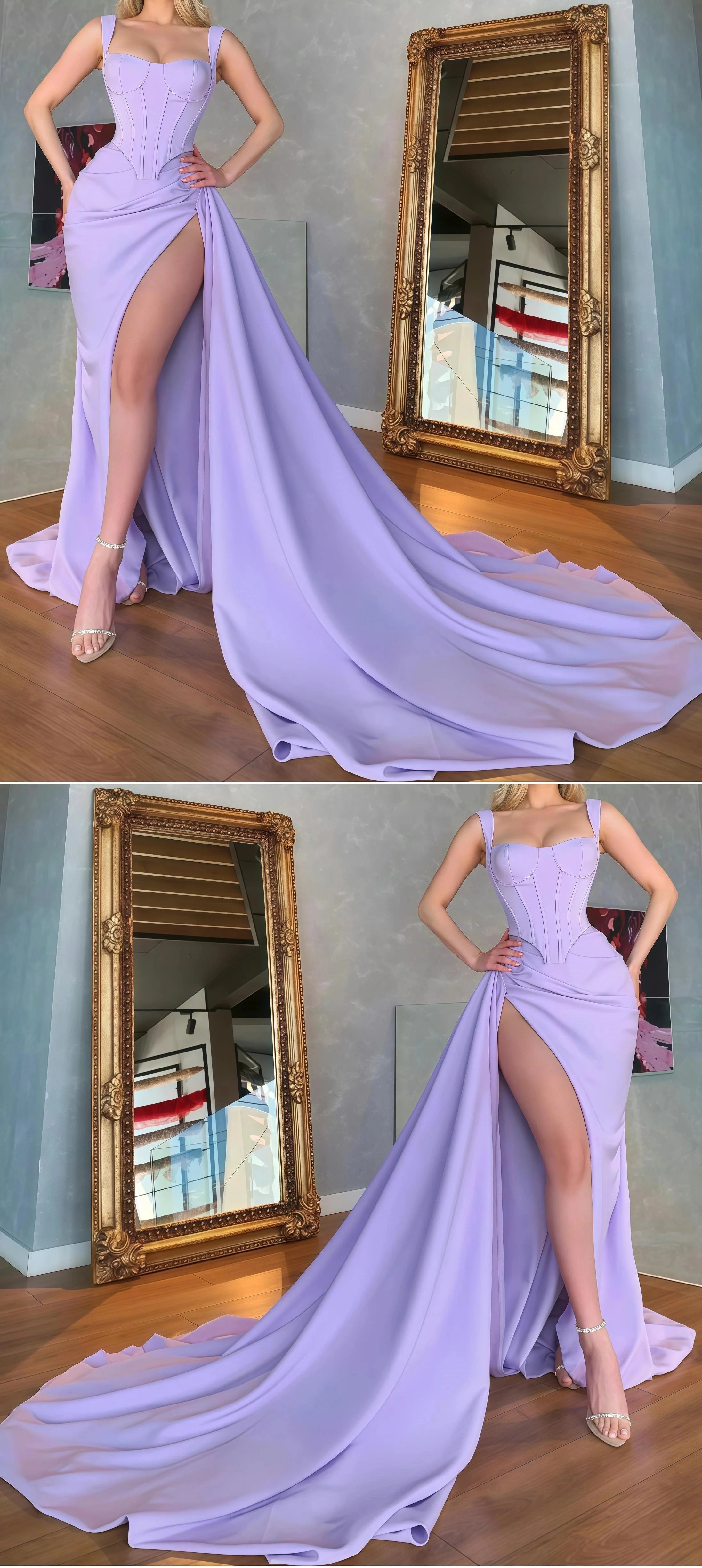 Unique Lilac Satin Mermaid Prom Dresses Online Prom Gowns