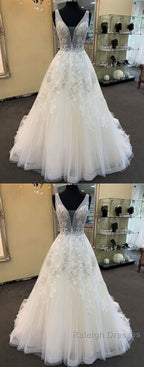 Unique Long A-line Tulle V Neck Beaded Lace Wedding Dress