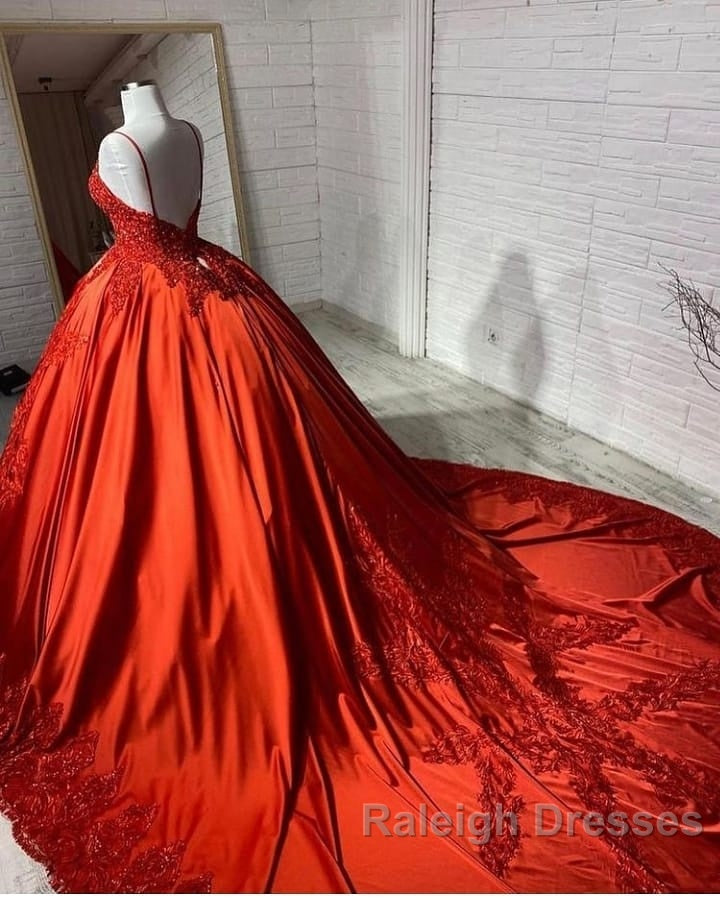 Unique Long Princess Sweetheart Backless Appliques Lace Satin Wedding Dresses Secondary image