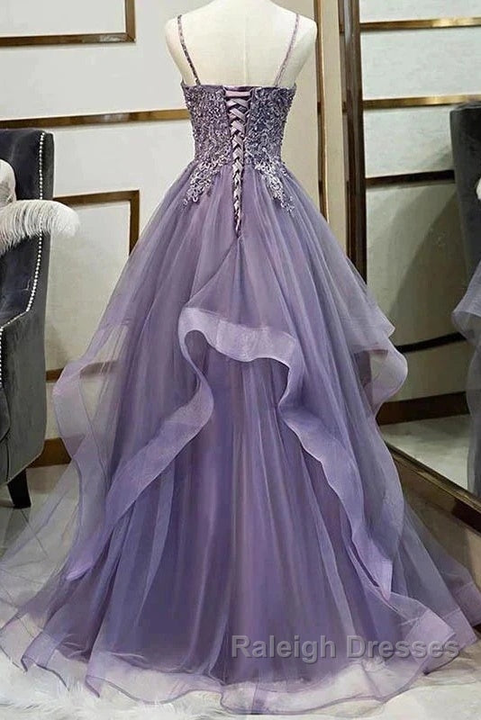 Unique Long Tulle Spaghetti Straps Prom Dress Evening Dress With Lace Applique, Secondary image