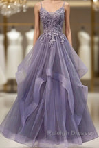 Unique Long Tulle Spaghetti Straps Prom Dress Evening Dress With Lace Applique,