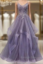 Unique Long Tulle Spaghetti Straps Prom Dresseses With Lace Applique