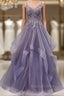 Unique Long Tulle Spaghetti Straps Prom Dresseses With Lace Applique