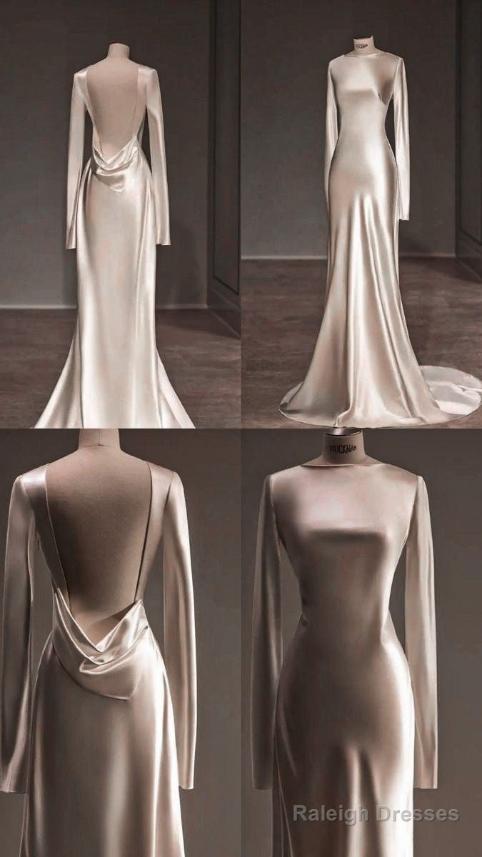 Unique Mermaid Backless Satin Pleats Long Sleeves Wedding Dress Main image