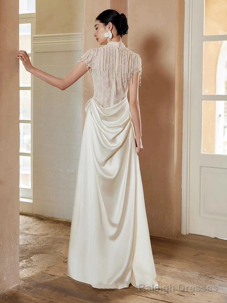 Unique Mermaid High Neckline Pearls Pleats Long White Satin Wedding Dress Secondary image