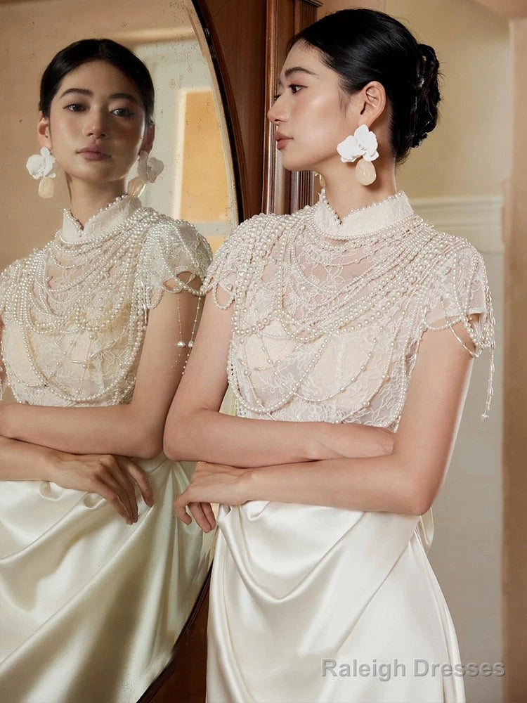 Unique Mermaid High Neckline Pearls Pleats Long White Satin Wedding Dress