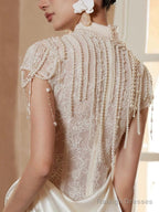 Unique Mermaid High Neckline Pearls Pleats Long White Satin Wedding Dress