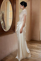 Unique Mermaid High Neckline Pearls Pleats Long White Satin Wedding Dresses