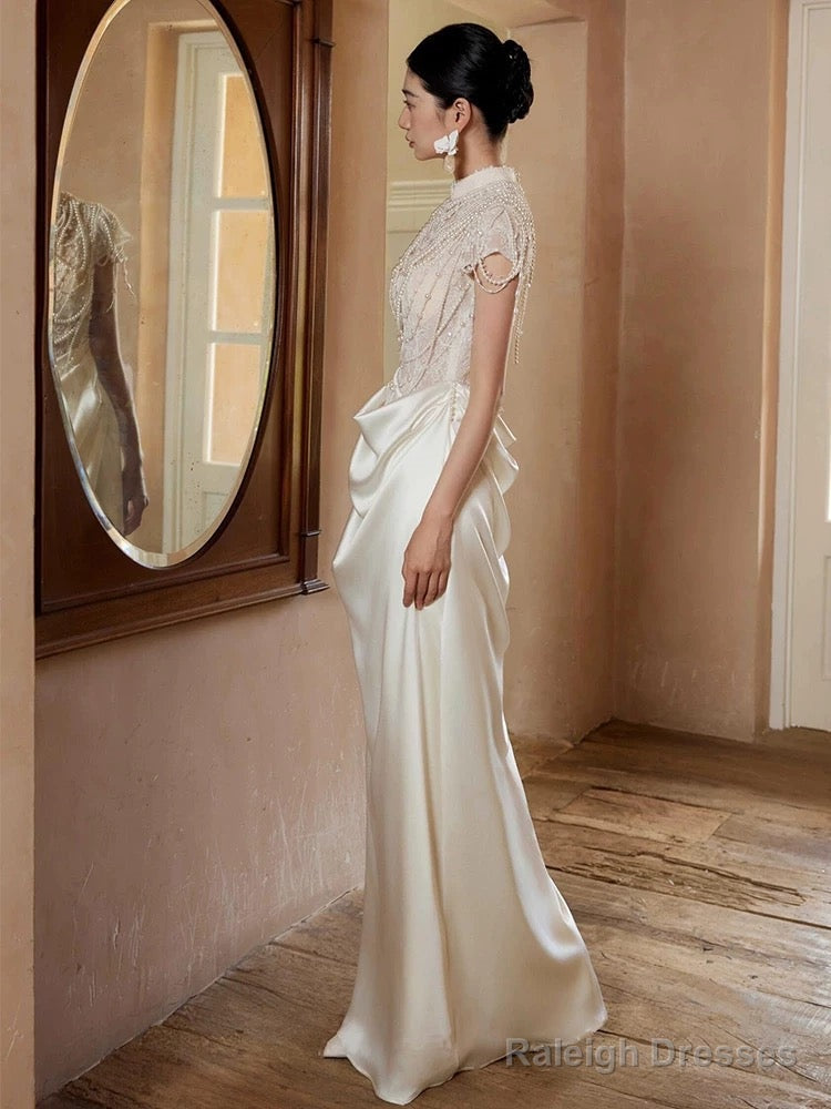 Unique Mermaid High Neckline Pearls Pleats Long White Satin Wedding Dress