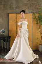 Unique Mermaid Off The Shoulder Ivory Long Wedding Dresses With Short Sleeves Brides Dress