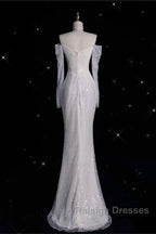 Unique Mermaid Off The Shoulder Long Sleeves Wedding Dresses Sequin Brides Dress