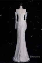 Unique Mermaid Off The Shoulder Long Sleeves Wedding Dress Sequin Brides Dresses