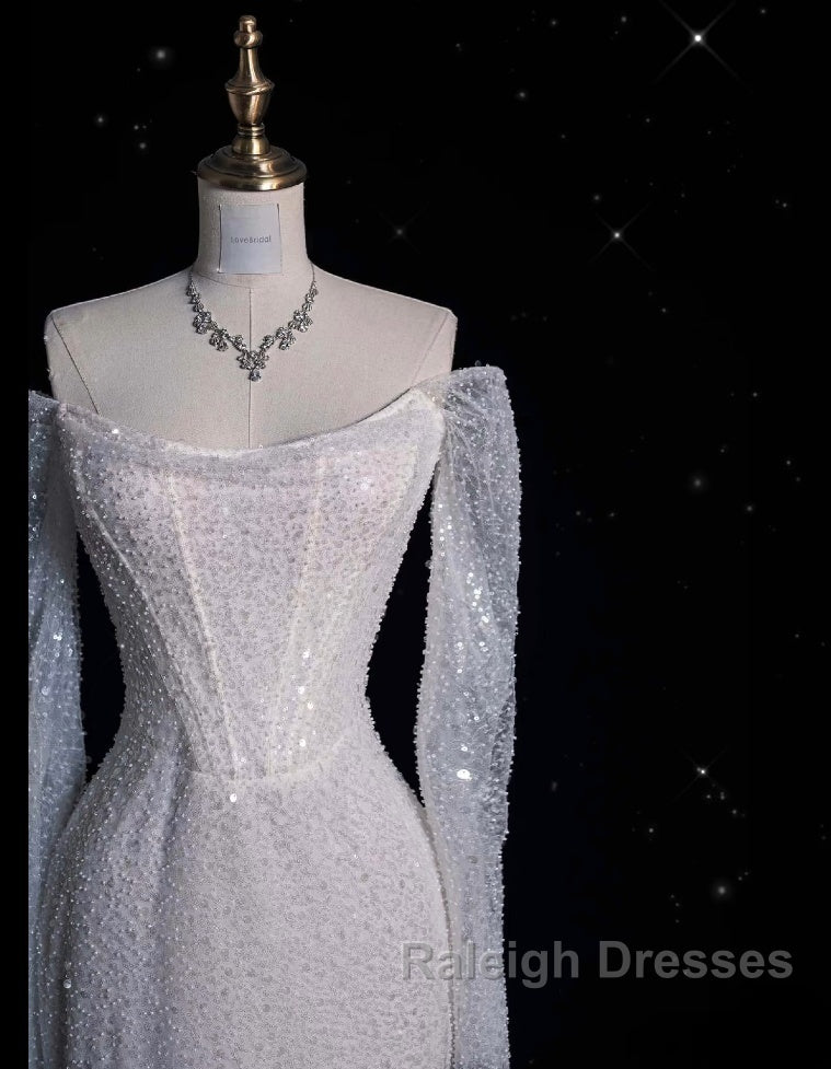 Unique Mermaid Off The Shoulder Long Sleeves Wedding Dress Sequin Brides Dresses