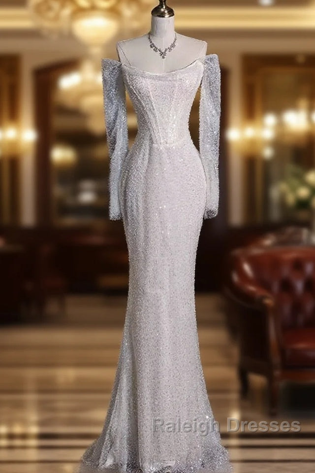 Unique Mermaid Off The Shoulder Long Sleeves Wedding Dresses Sequin Brides Dress Main image