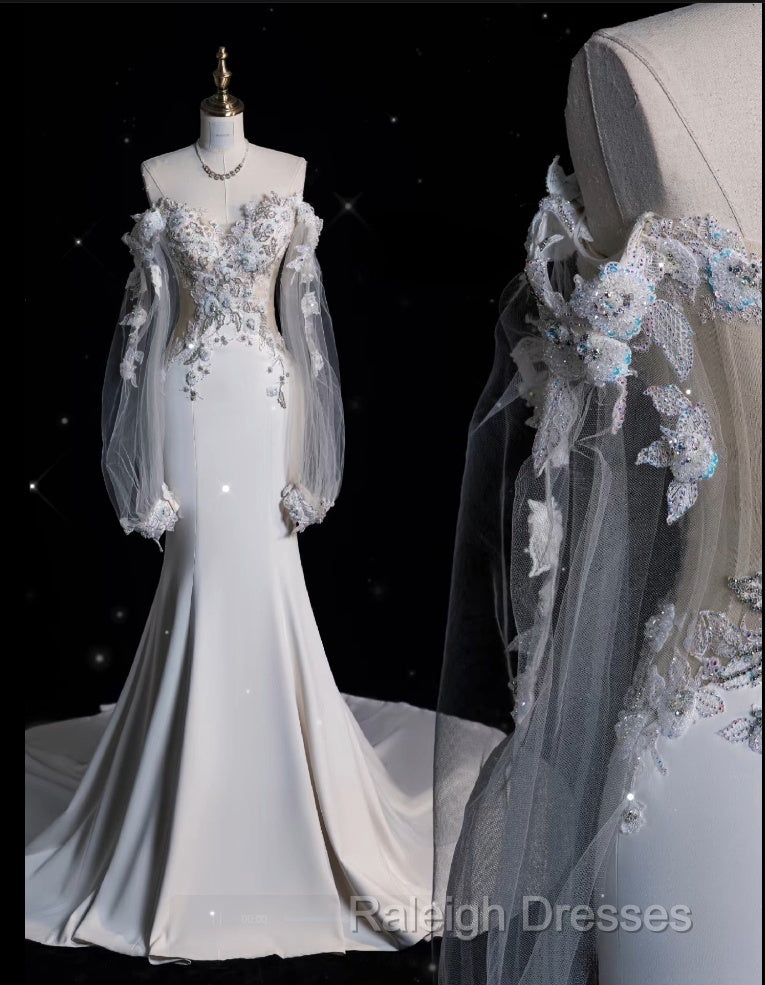 Unique Mermaid Off The Shoulder Long Tulle White Wedding Dresses Brides Dress Secondary image