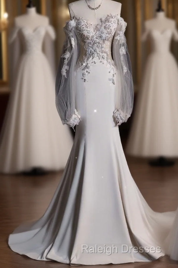 Unique Mermaid Off The Shoulder Long Tulle White Wedding Dresses Brides Dress Main image