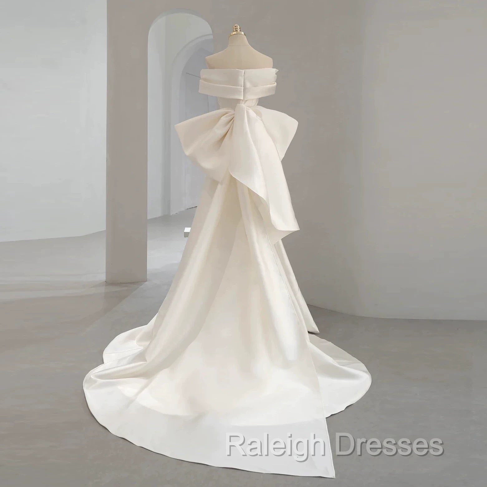 Unique Mermaid Off The Shoulder Long White Satin Wedding Dresses Secondary image