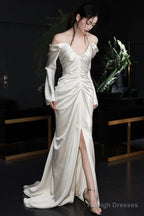 Unique Mermaid Off The Shoulder Pleats Long Sleeves Satin Wedding Dresses
