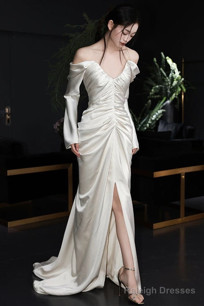Unique Mermaid Off The Shoulder Pleats Long Sleeves Satin Wedding Dress Secondary image