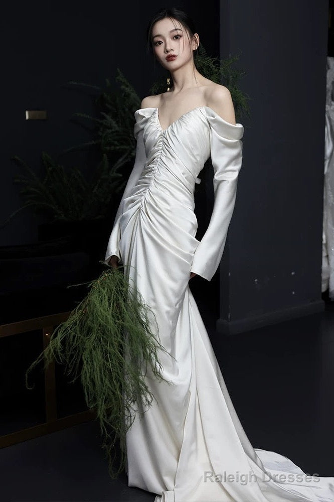 Unique Mermaid Off The Shoulder Pleats Long Sleeves Satin Wedding Dresses