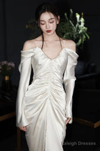 Unique Mermaid Off The Shoulder Pleats Long Sleeves Satin Wedding Dress