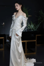 Unique Mermaid Off The Shoulder Pleats Long Sleeves Satin Wedding Dress